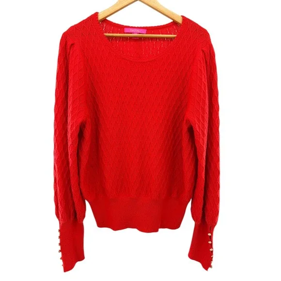 Lilly Pulitzer Jacquetta Sweater Ruby Red XL Puff Sleeve Gold Button Cuff - Picture 2 of 7